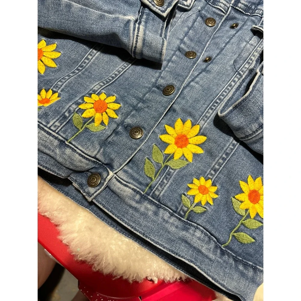 Gymboree Girl's Sherpa Lined Embroidered Sunflowers Denim Jean Jacket, Size 10